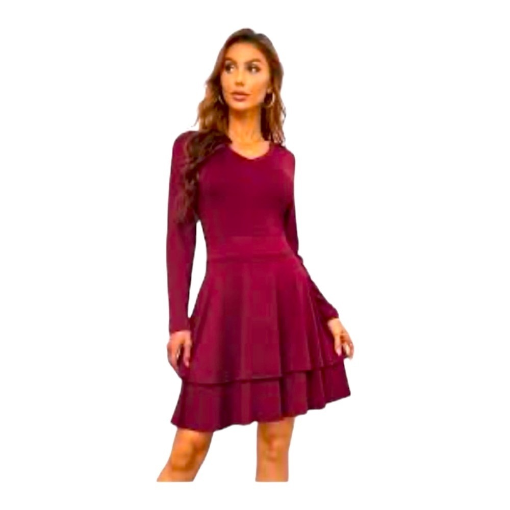 Sheilay Dress Long Sleeve V Neck Layer Folds A-line Red Wine Sz M NWT